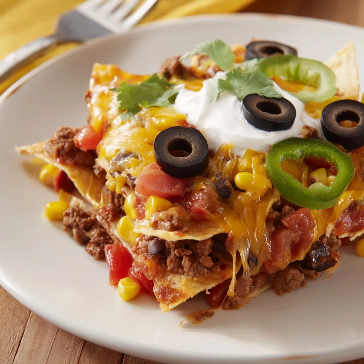 Golden-edged Cheesy Nacho Casserole served for game night, crunchy chips, vivid flavors.