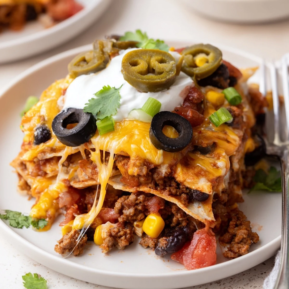 Cheesy Nacho Casserole layered with seasoned beef, cilantro, sour cream topping.