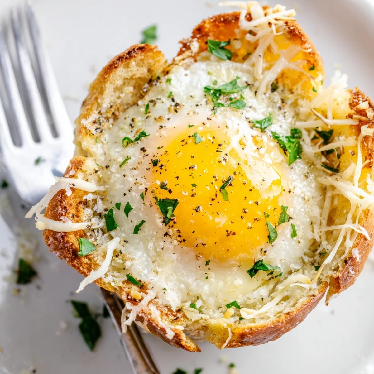 Warm Lazy Garlic Bread Egg Cups served on muffin tin, sprinkled parsley  