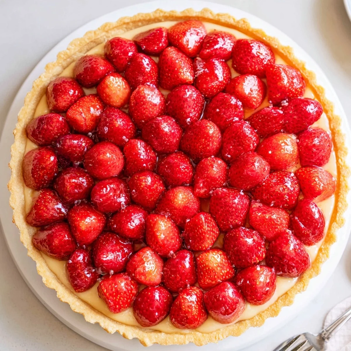 Tarte aux Fraises with glossy apricot glaze, creamy custard and sliced strawberries