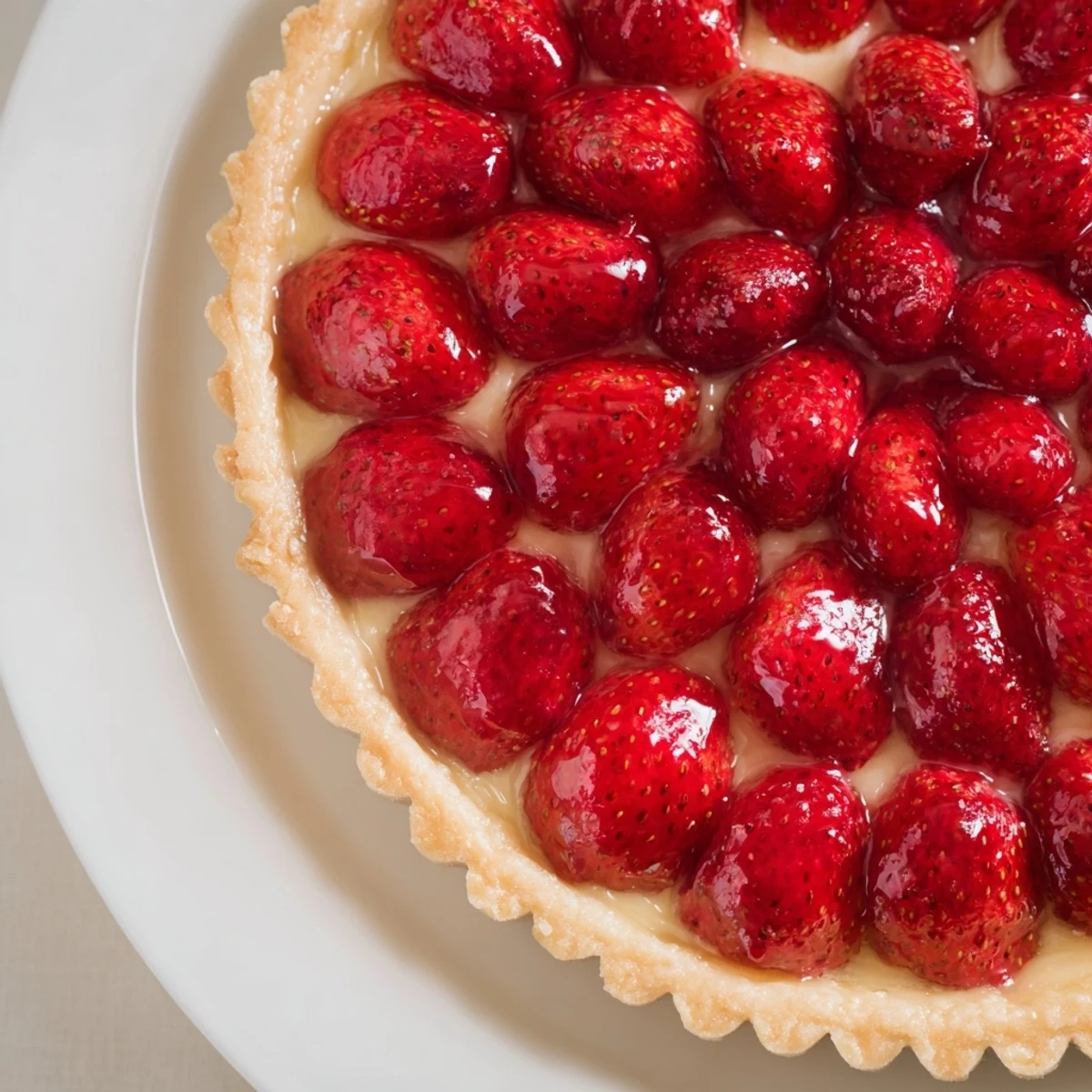 Homemade Tarte aux Fraises arranged in concentric slices atop a golden crust