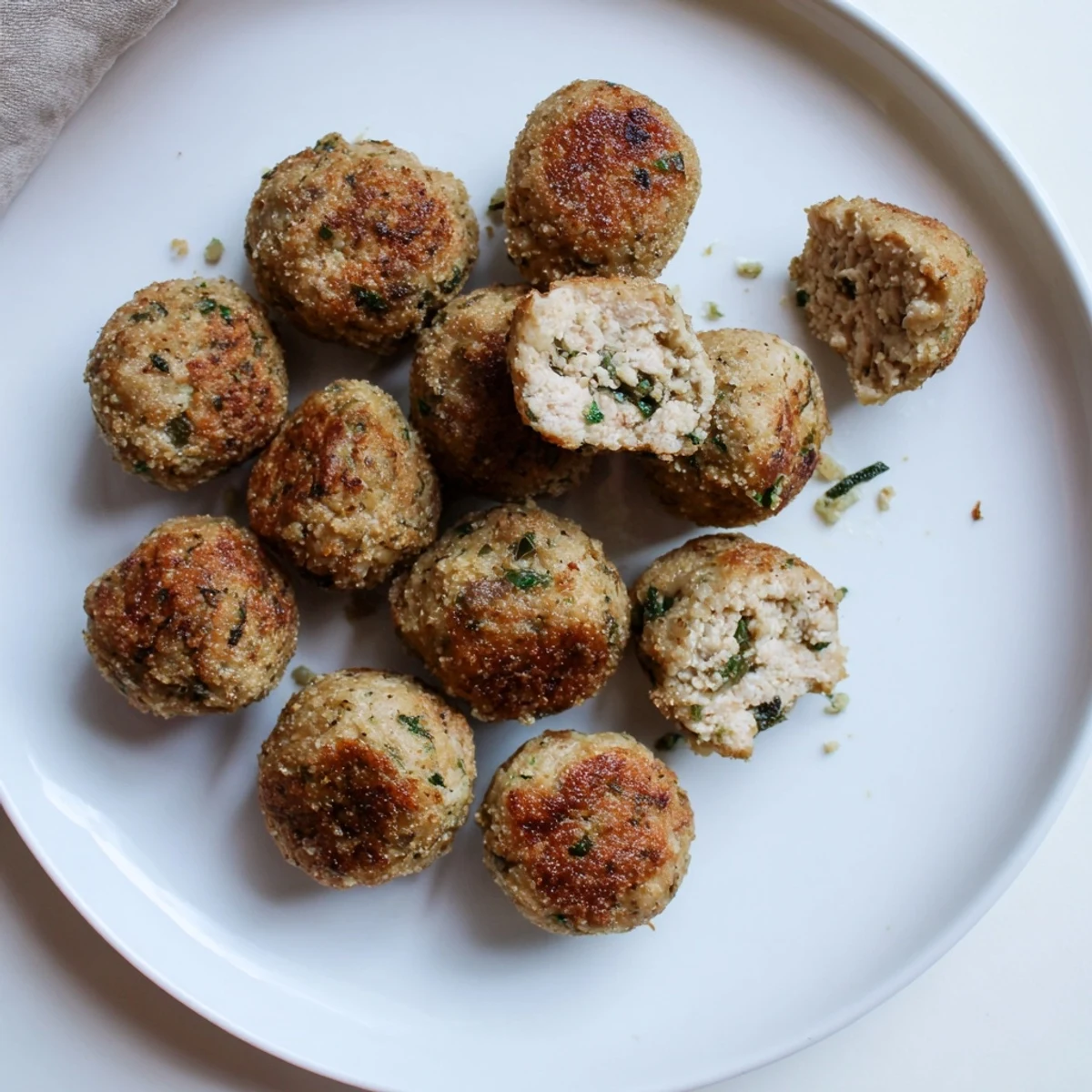 Sage Onion Chicken Balls, golden-baked, steaming with caramelized onion and herb aroma.  