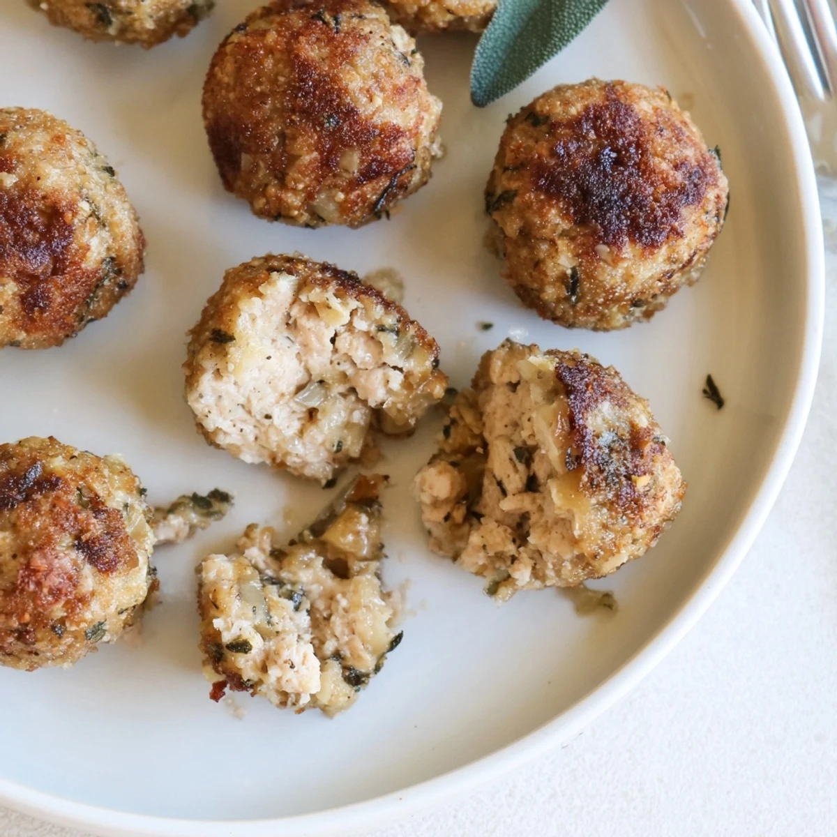 Crisp-skinned Sage Onion Chicken Balls served hot alongside roasted root vegetables.