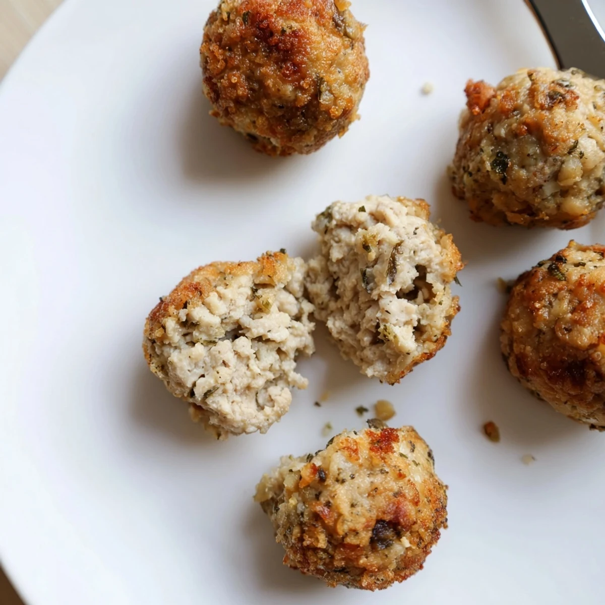 Hand-rolled Sage Onion Chicken Balls piled on a plate, drizzled with honey-mustard.  