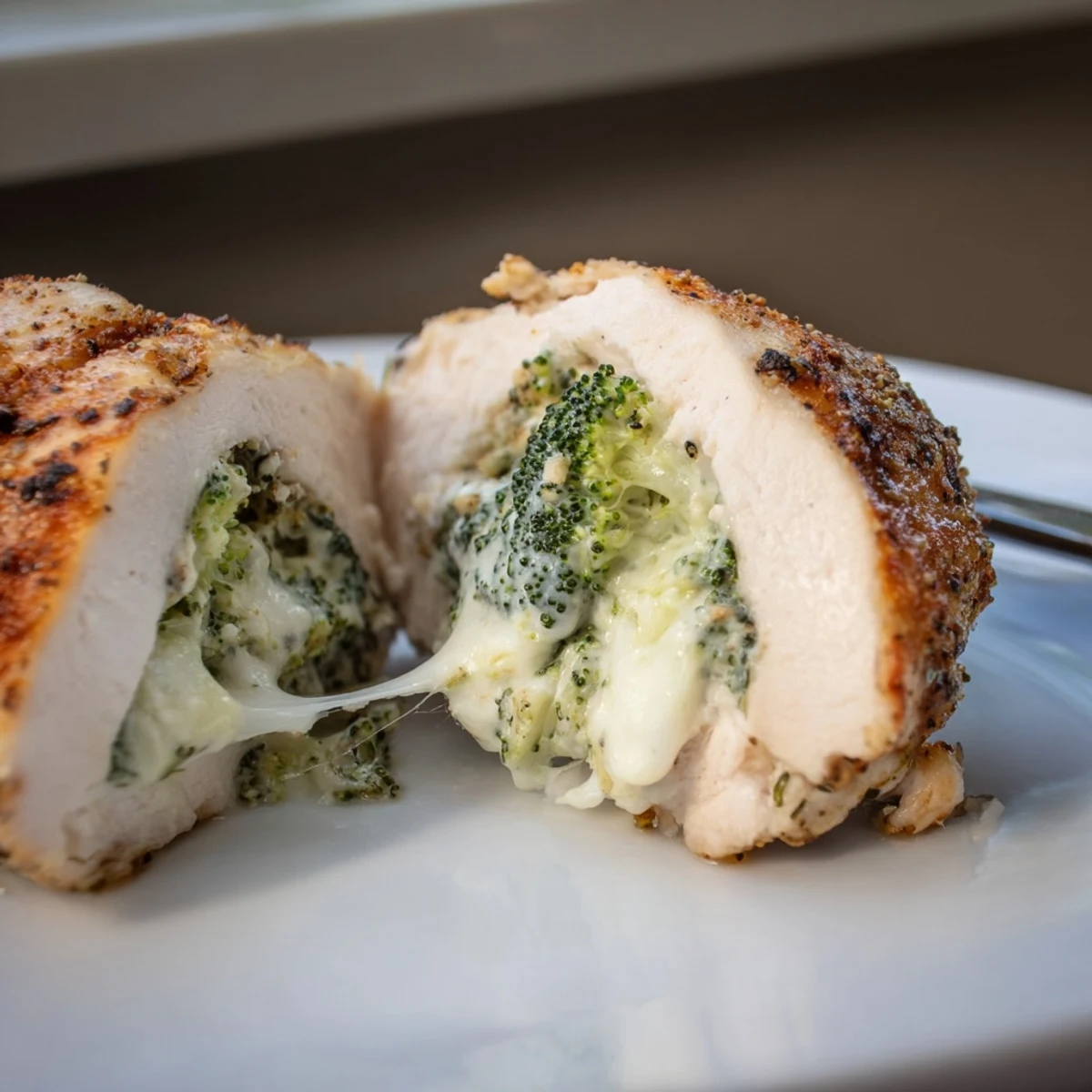 Oven-baked Broccoli Cheese Stuffed Chicken Breast resting on parchment, cheese oozing