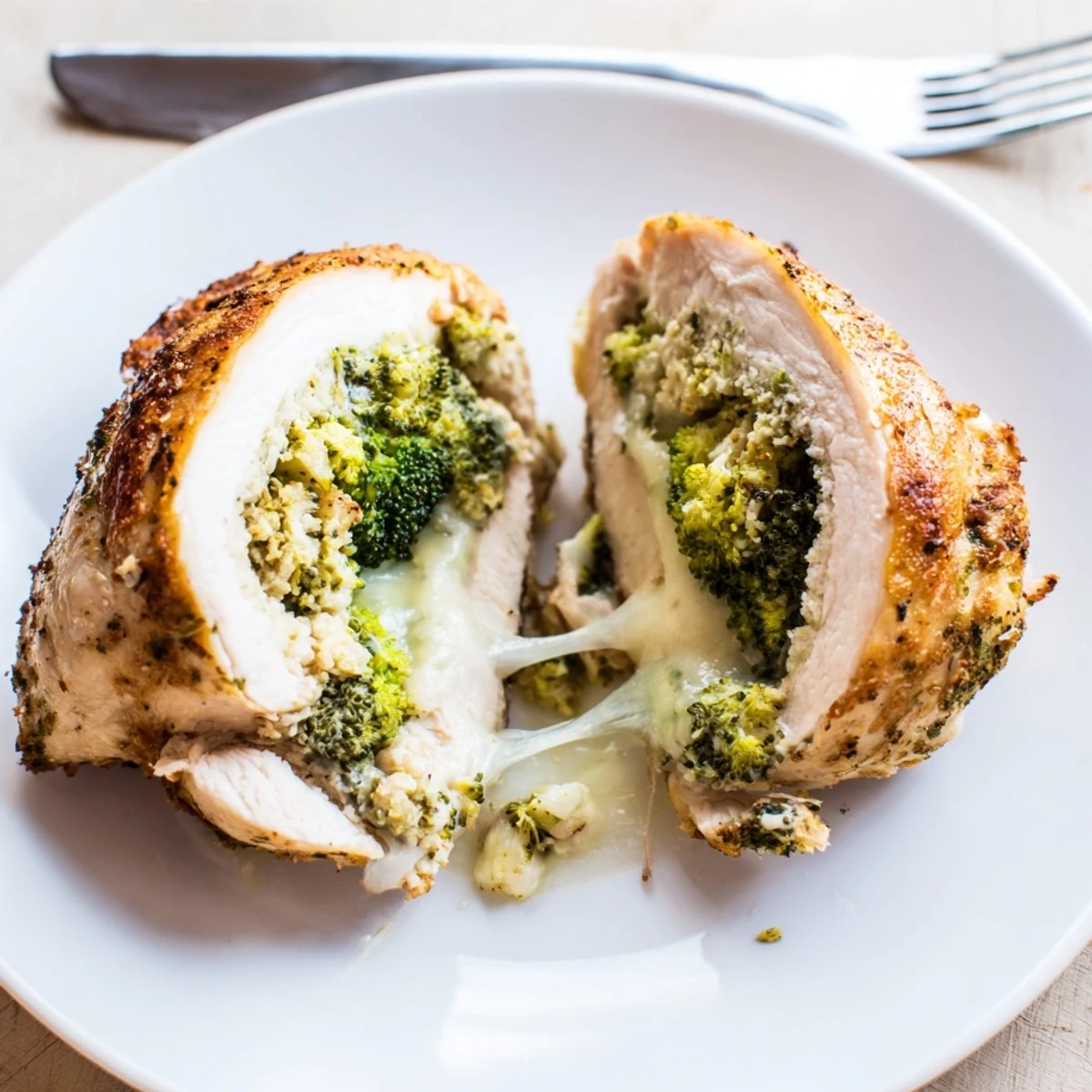 Sliced Broccoli Cheese Stuffed Chicken Breast served with crisp salad and lemon