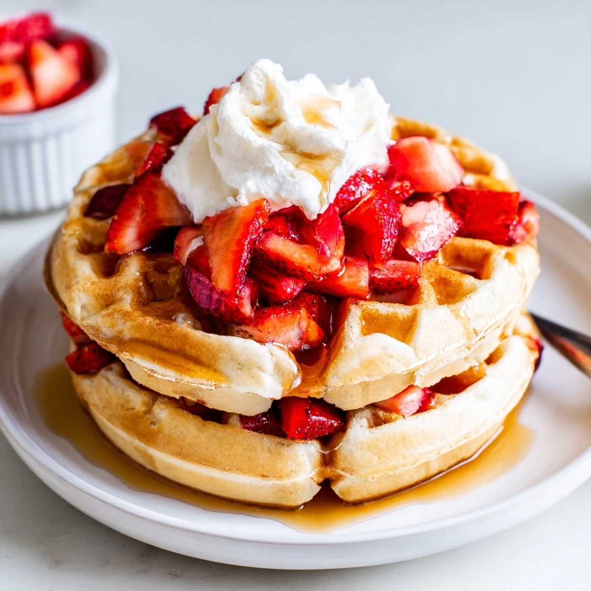 Crisp, golden Strawberry Waffles Recipe topped with fresh strawberries and butter