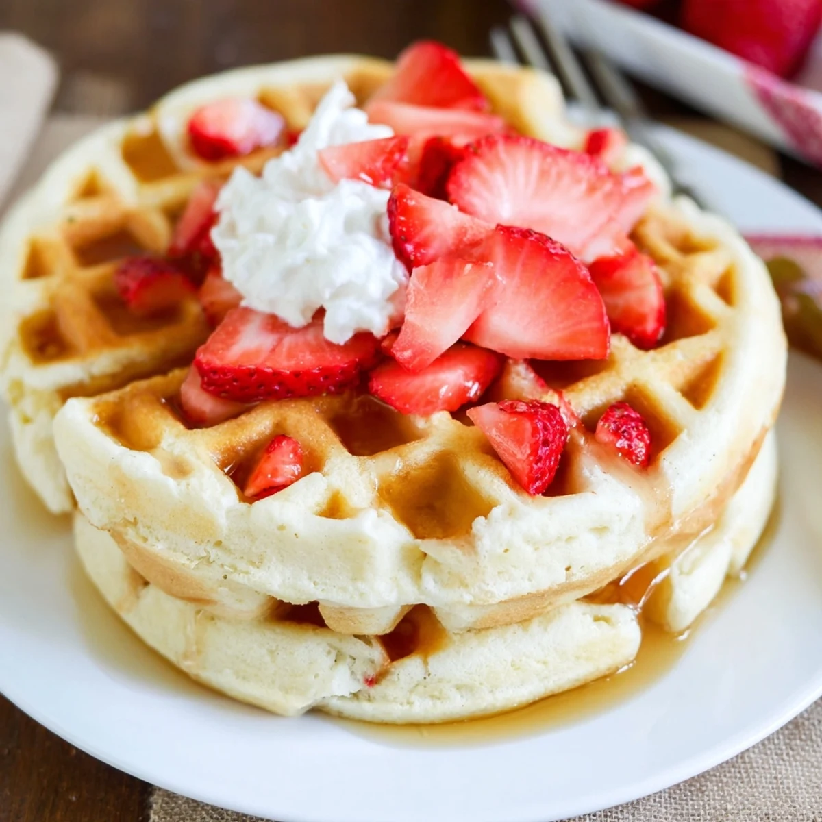 Fluffy homemade Strawberry Waffles Recipe on plate, steam rising, maple syrup drizzle
