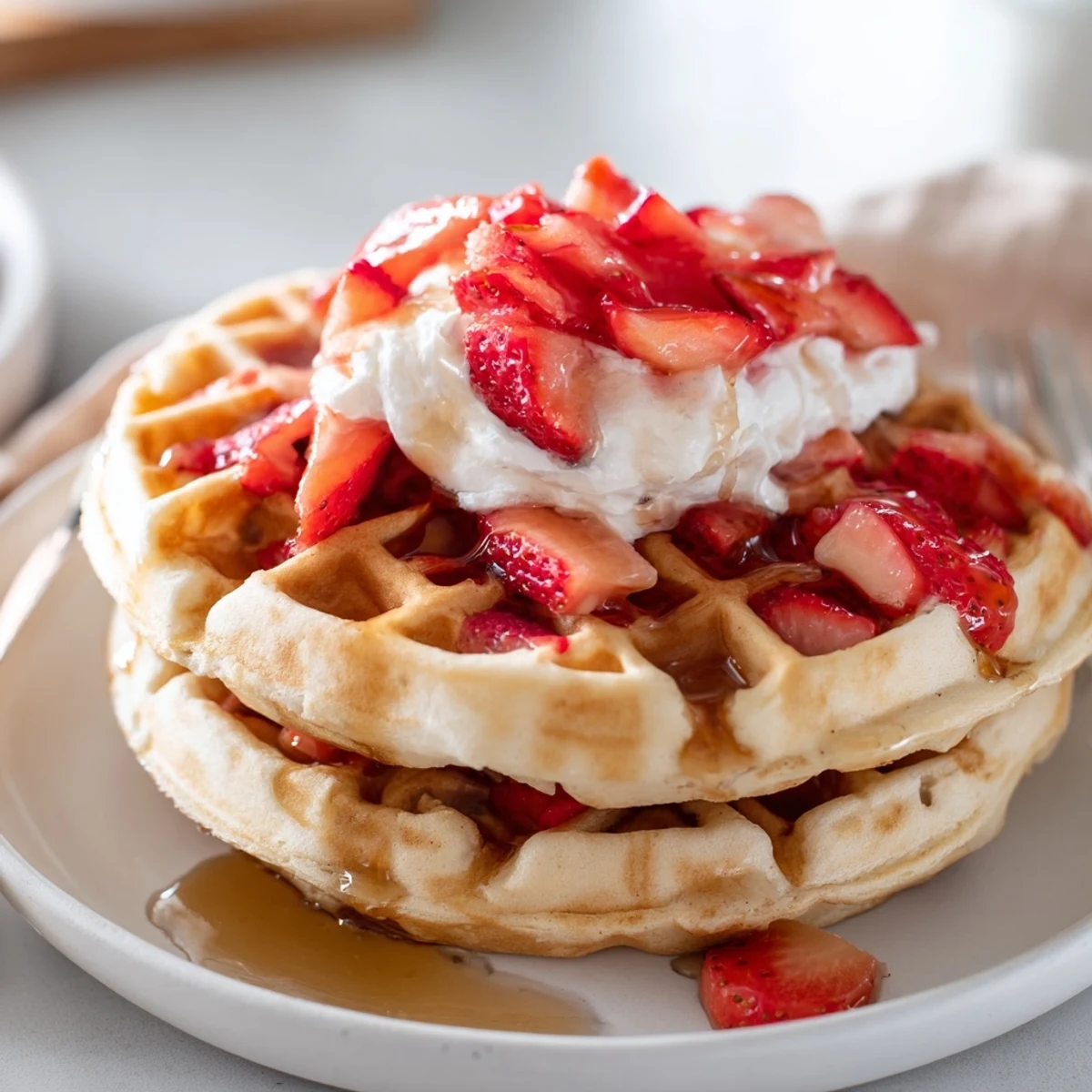 Warm Strawberry Waffles Recipe served with whipped cream and bright sliced berries