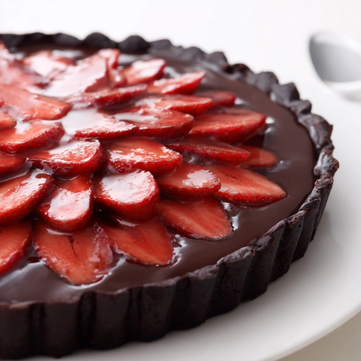 Dark Chocolate Strawberry Tart Recipe with glossy ganache, halved strawberries, chilled slice