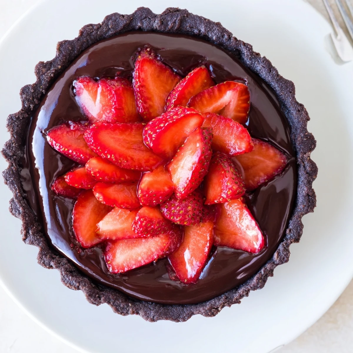 Serve chilled Dark Chocolate Strawberry Tart Recipe with sparkling rosé suggestion, juicy strawberries
