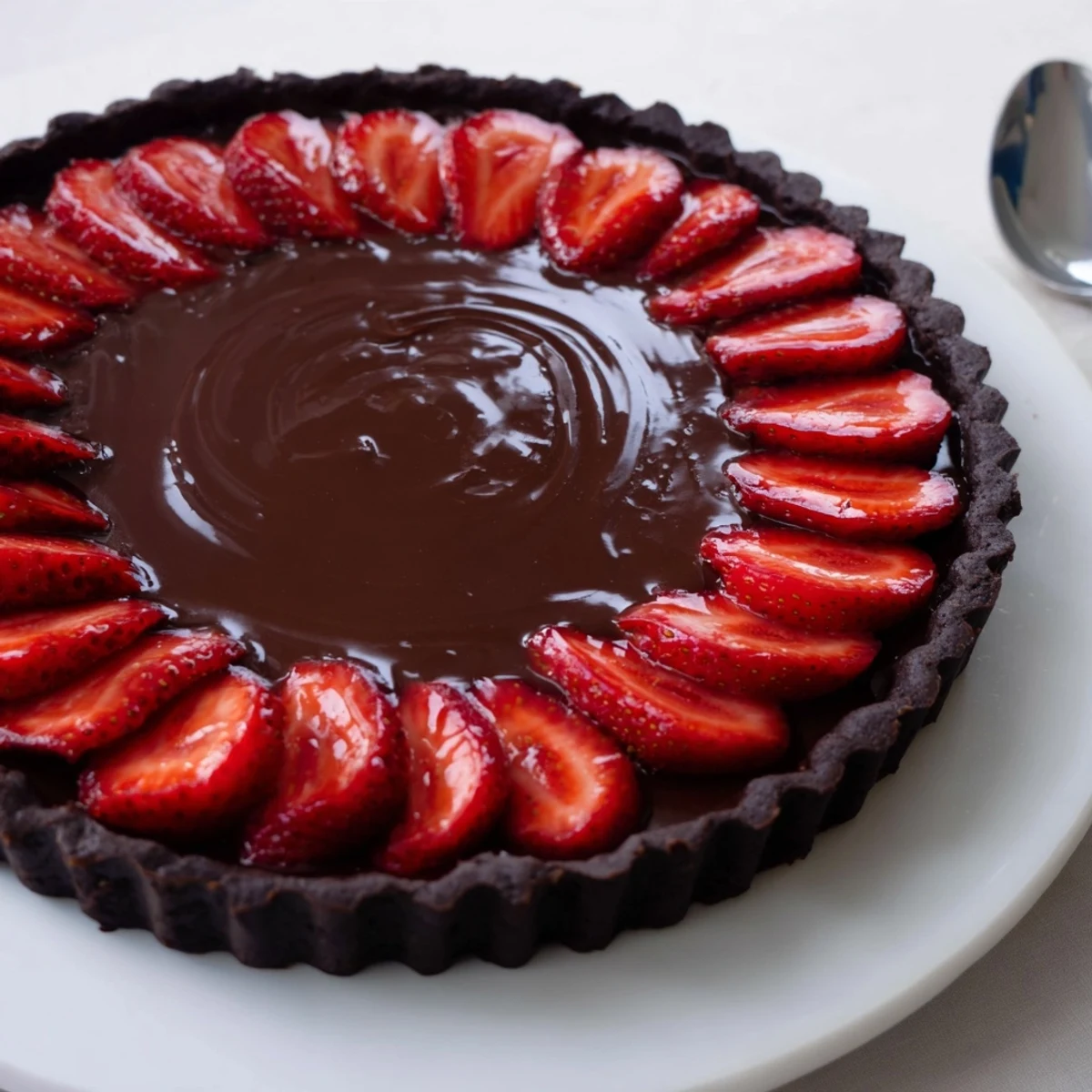 A Dark Chocolate Strawberry Tart Recipe on a plate, crisp chocolate crust