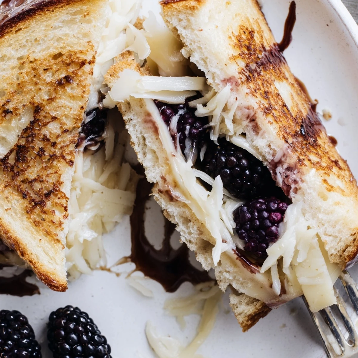 Balsamic Blackberry Bliss Grilled Cheese sliced, gooey brie oozing, berries glistening  