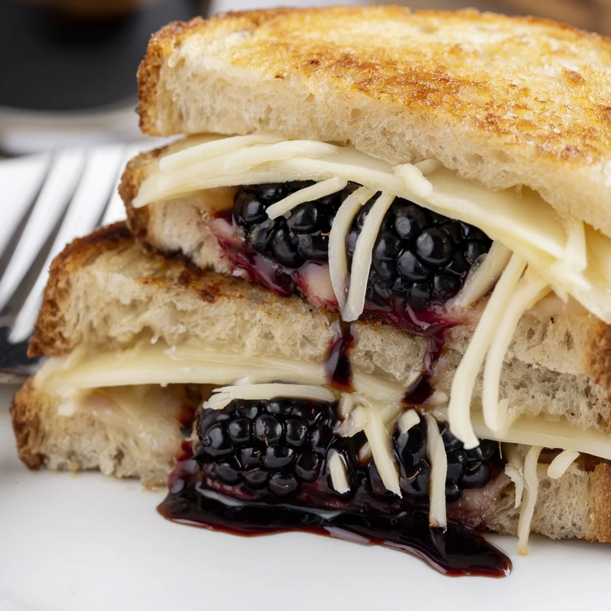 Warm Balsamic Blackberry Bliss Grilled Cheese toasted golden, sweet-tangy glaze shining  