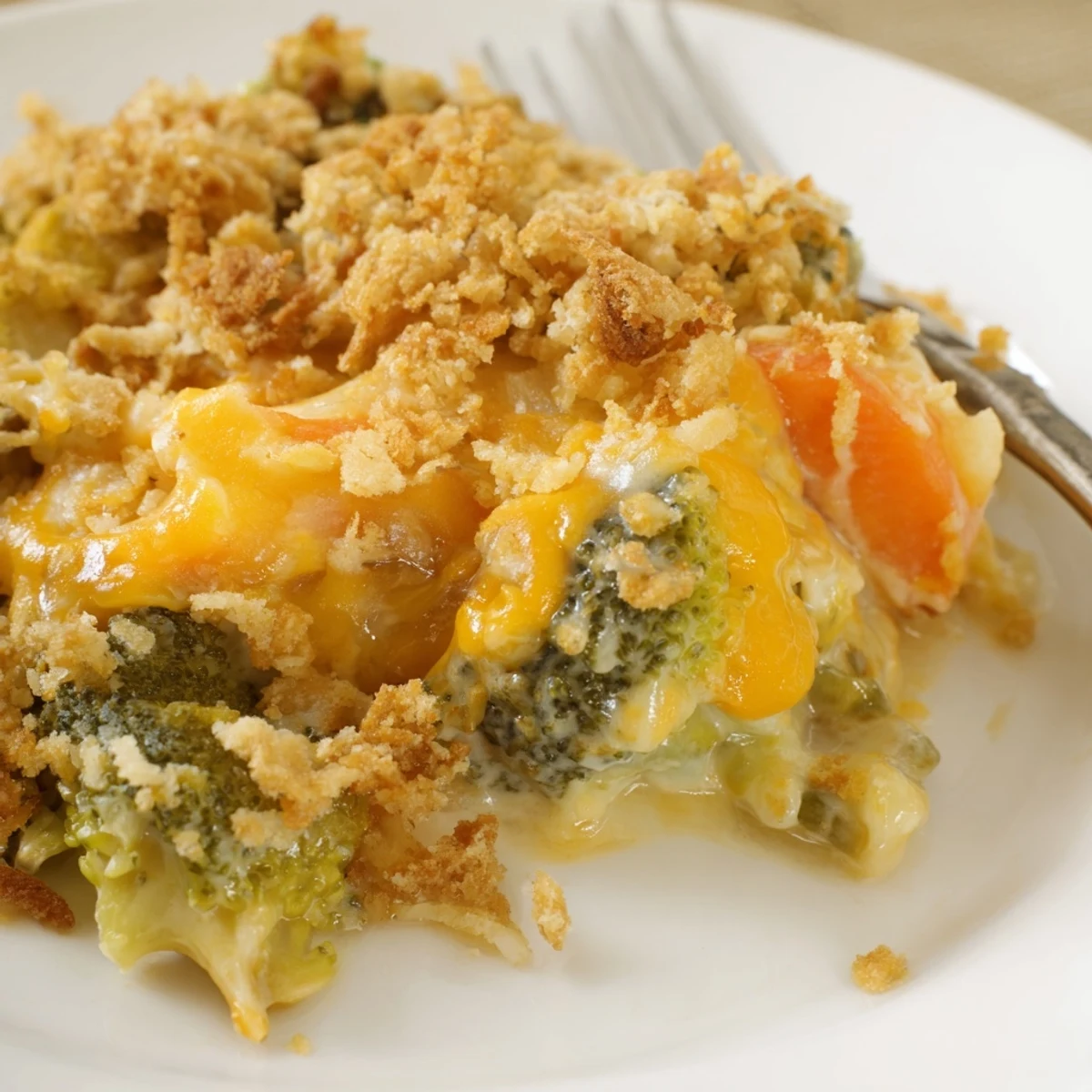 Cheese Bake Broccoli Carrots bubbling golden, creamy sauce, crisp breadcrumb topping