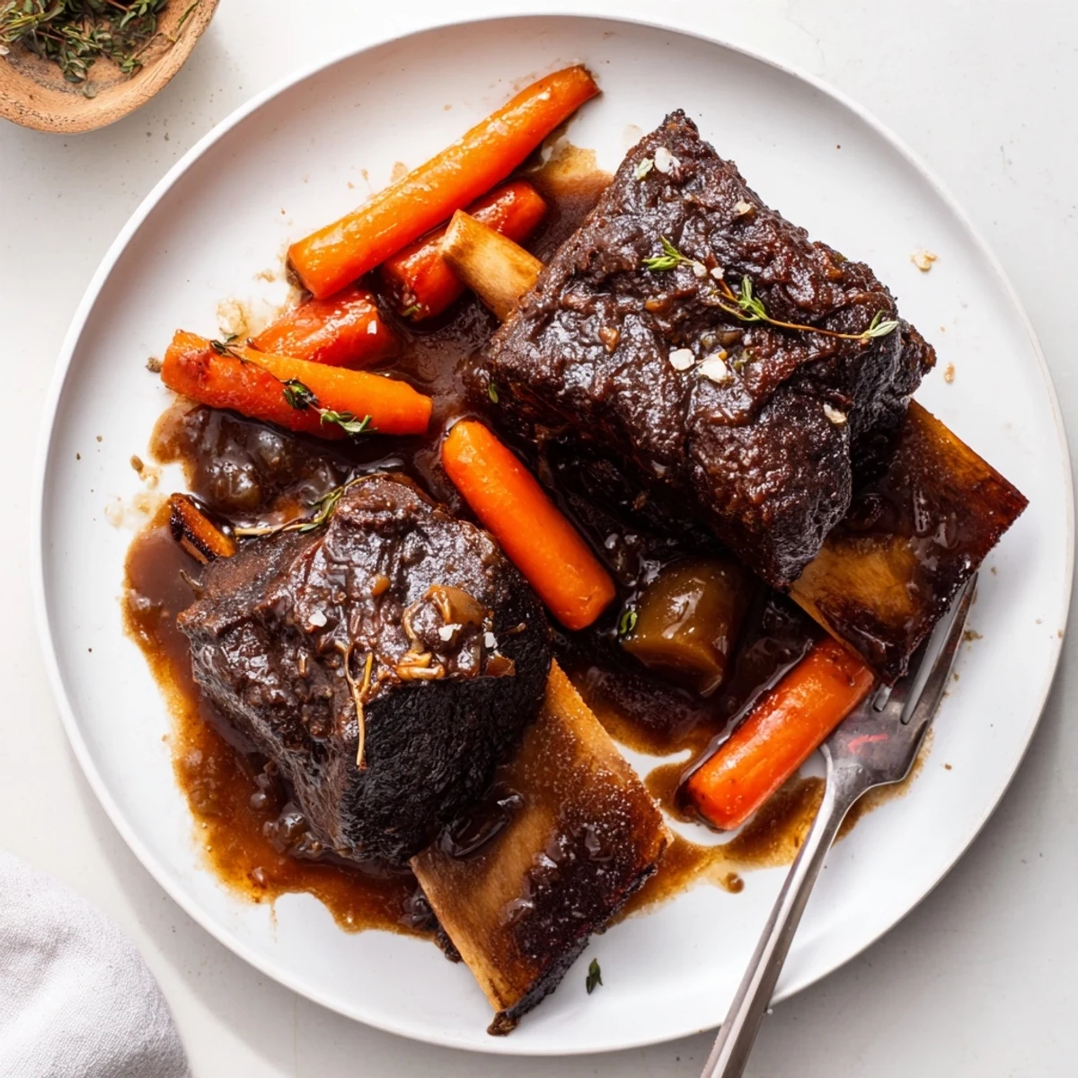 Tender and aromatic Slow Cooker Beef Short Ribs with savory jus and sauteed carrots
