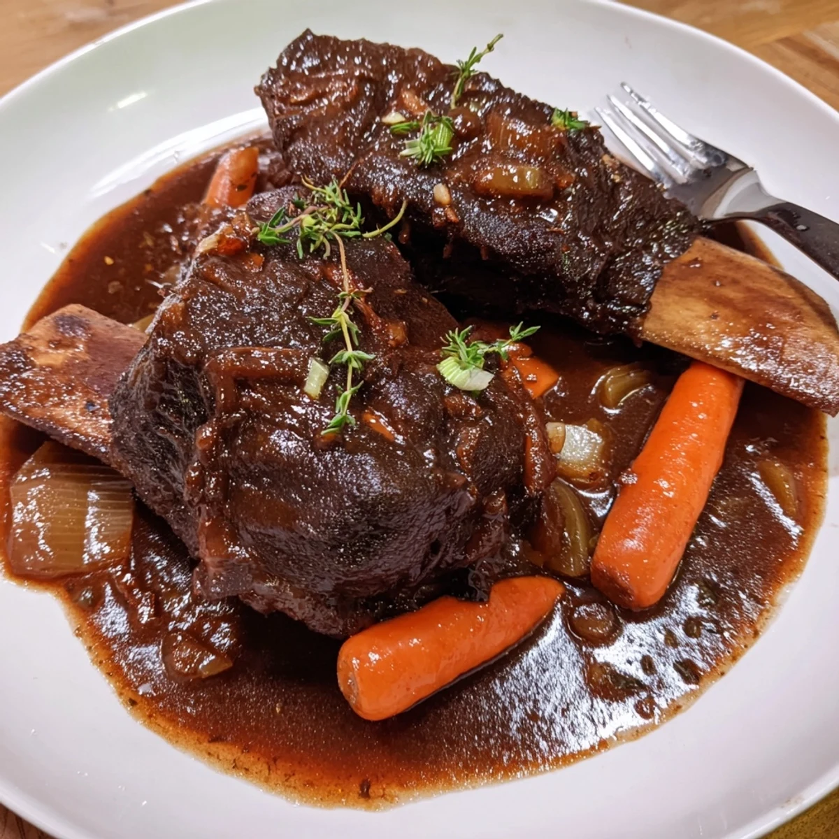 Glistening Slow Cooker Beef Short Ribs bathed in rich red wine sauce