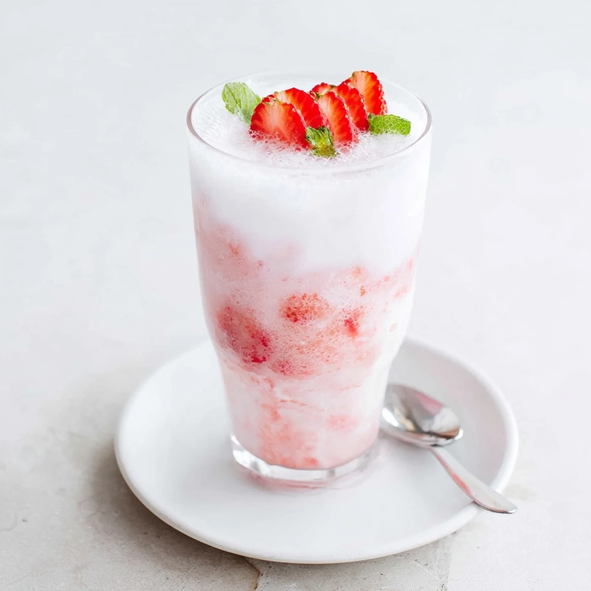Chilled strawberry pink Strawberry Coconut Cooler Recipe served in glasses with mint