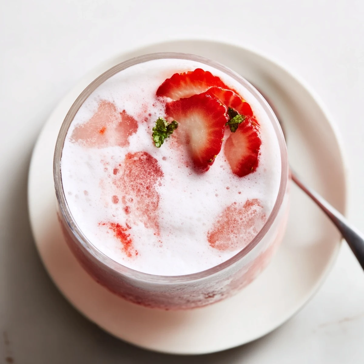 Frothy creamy Strawberry Coconut Cooler Recipe blended with ice, bright lime aroma