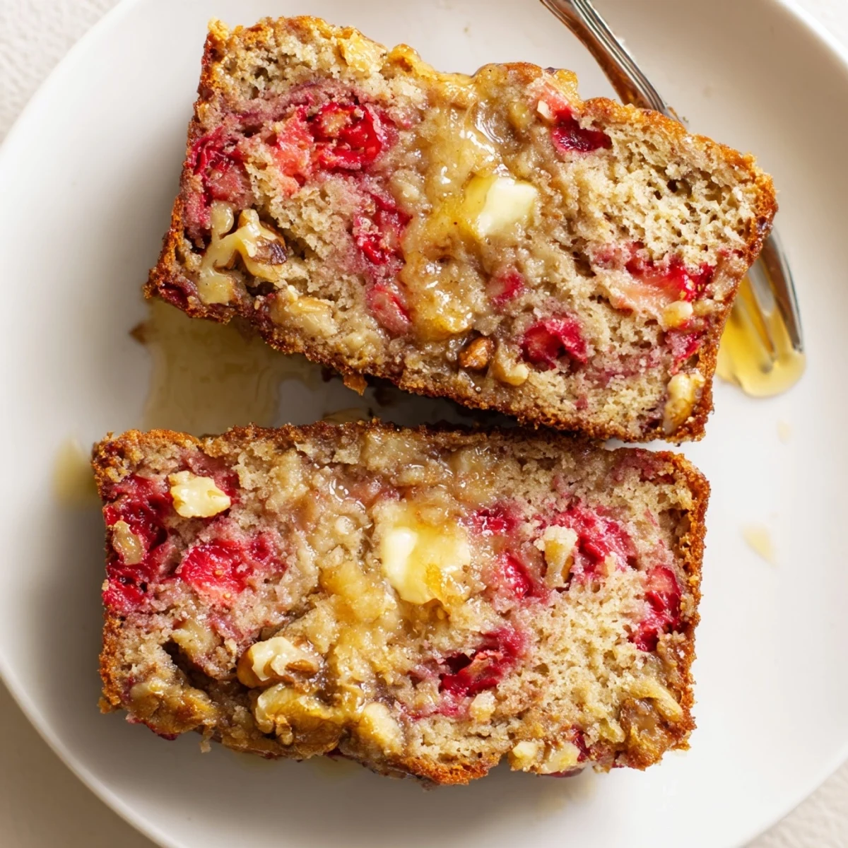 Warm Strawberry Banana Bread Recipe with golden crust and berry-speckled crumb
