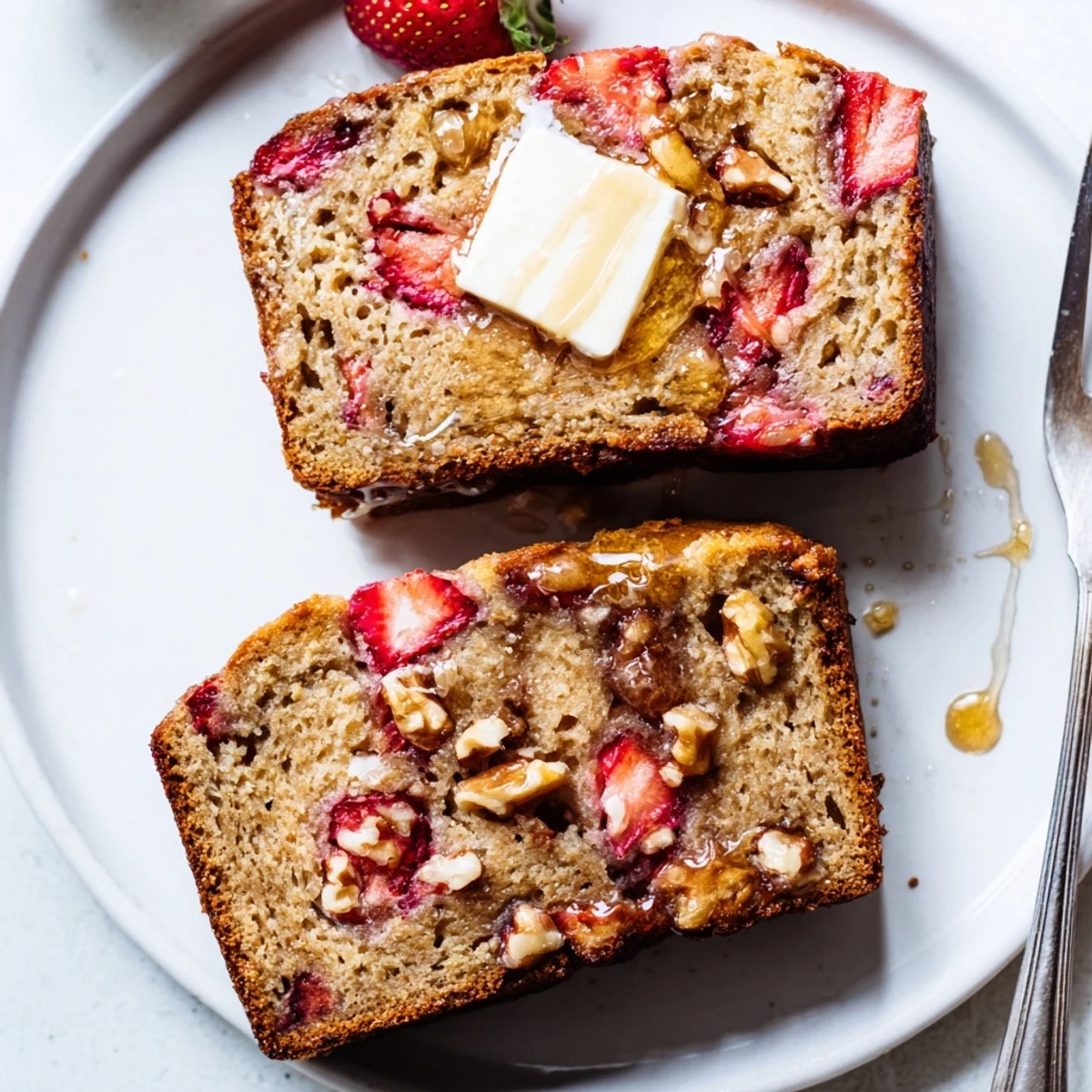 Homestyle Strawberry Banana Bread Recipe served warm with melting butter and honey
