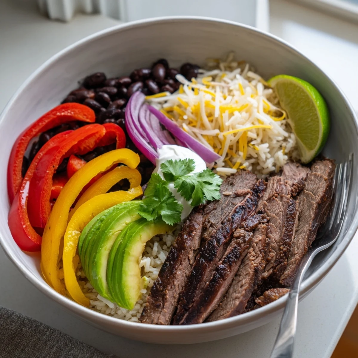 Steak Fajita Power Bowls with sizzling marinated steak, colorful peppers, creamy avocado.