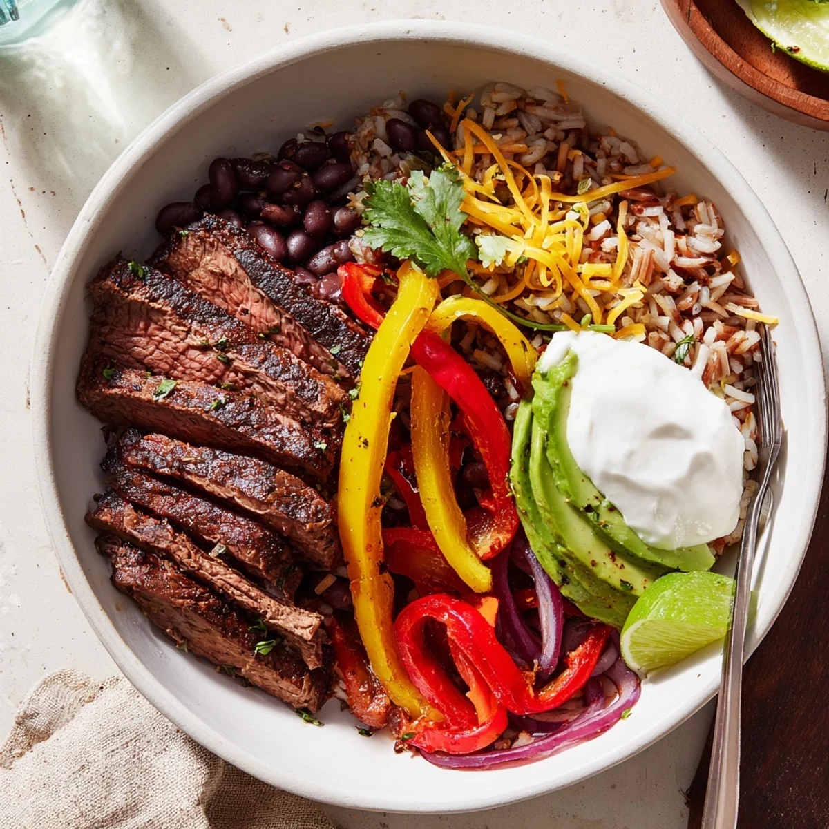 Bright Steak Fajita Power Bowls served over warm brown rice, lime wedges.