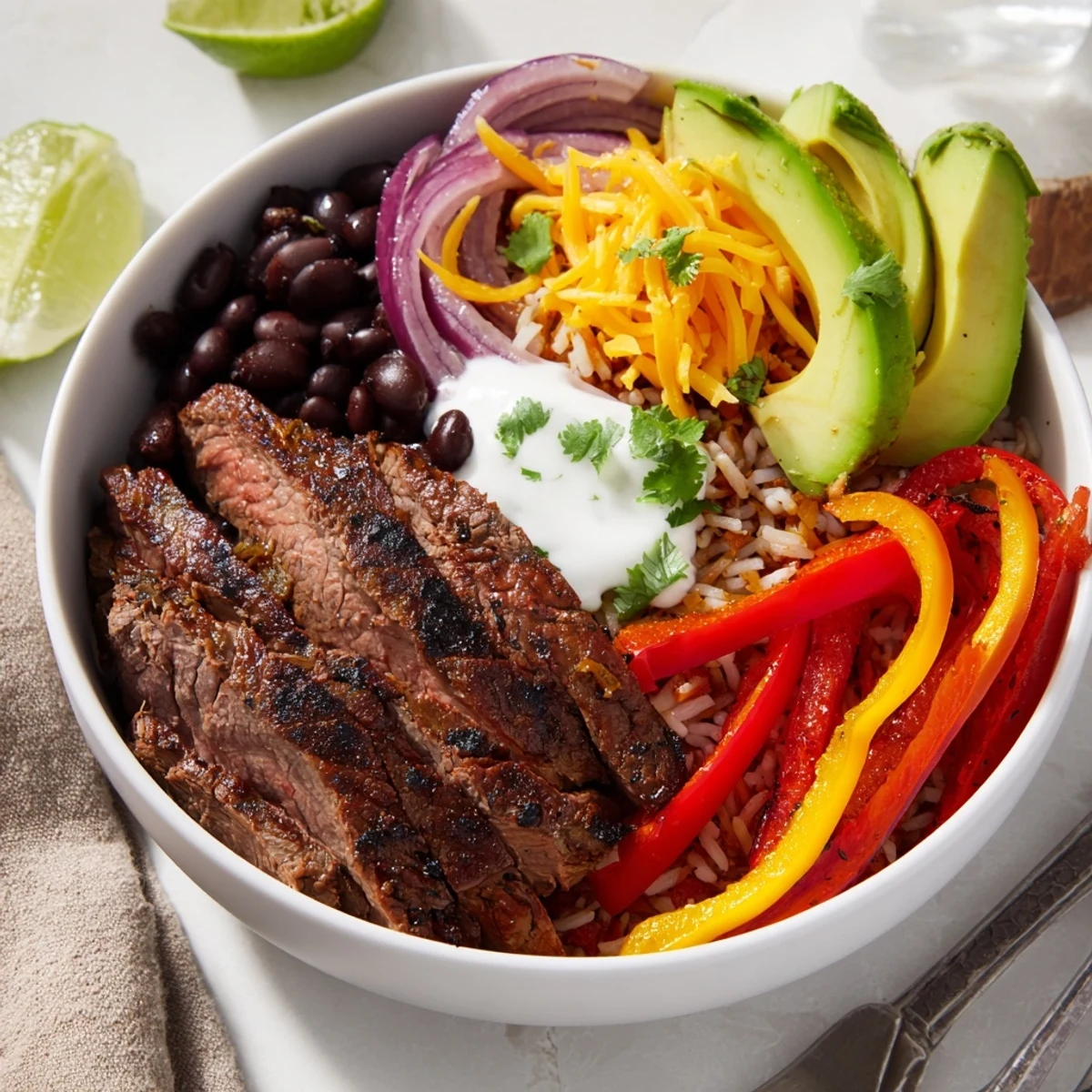 Family style Steak Fajita Power Bowls topped with sliced avocado, warm black beans.