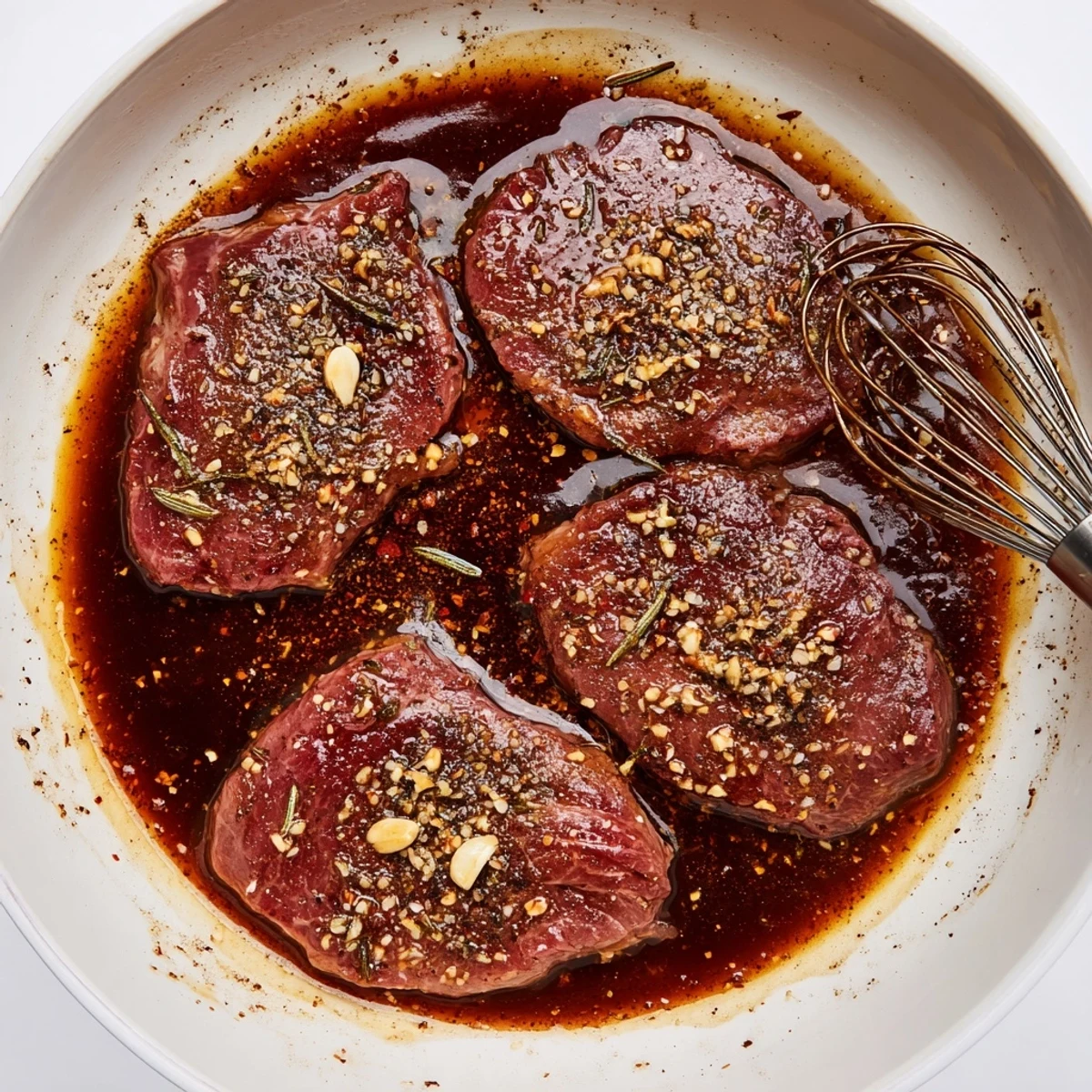 Steak Marinade glistening over raw ribeye, garlicky aroma ready for grilling