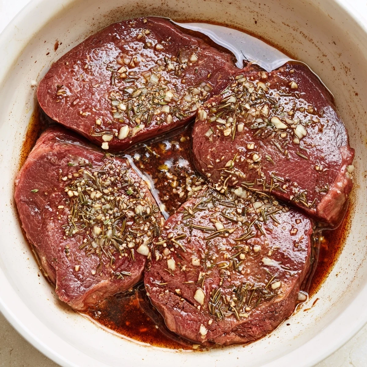 Bowl of Steak Marinade with lemon and rosemary, perfect for marinating