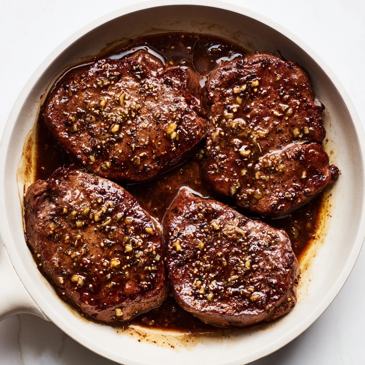 Brushed Steak Marinade on seared strip steak, savory-sweet glaze ready to serve