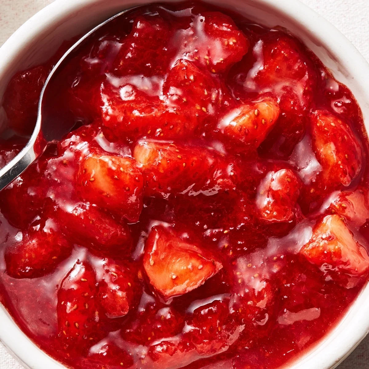 Strawberry Cake Filling Recipe glossy, ruby filling spooned between buttery cake layers