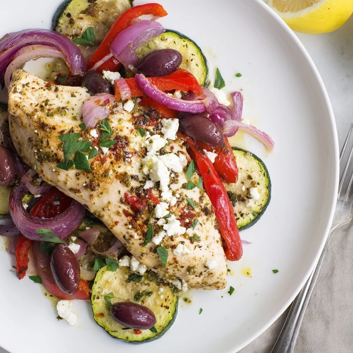 Sheet Pan Mediterranean Chicken Zucchini roasting with golden zucchini slices, blistered tomatoes, olives