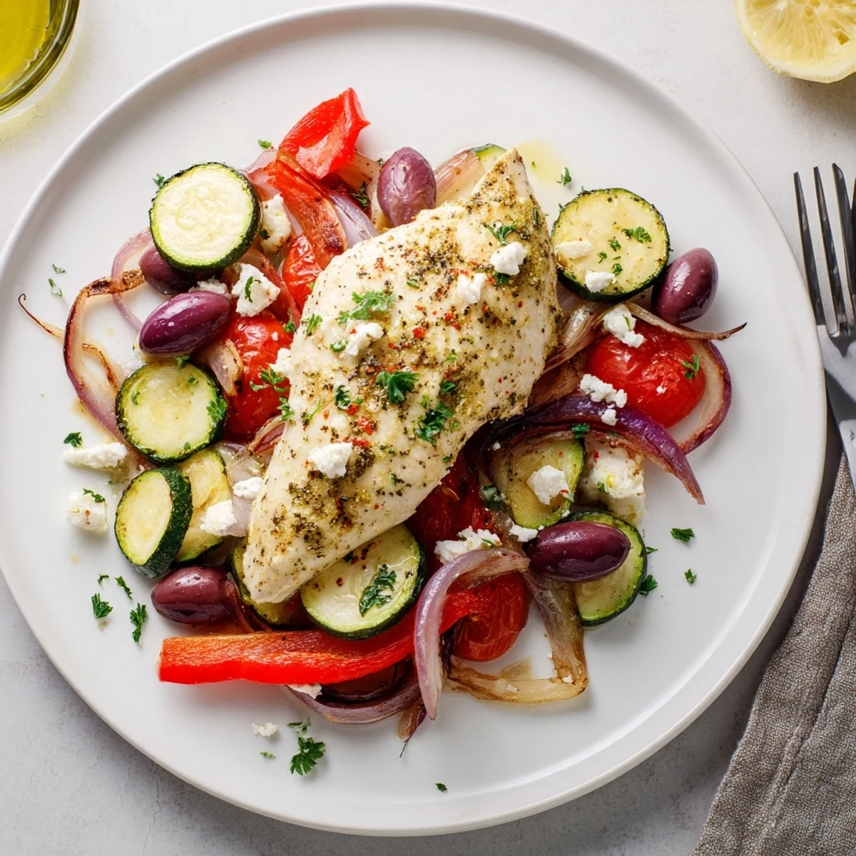 Oven-browned Sheet Pan Mediterranean Chicken Zucchini served hot with crumbled feta