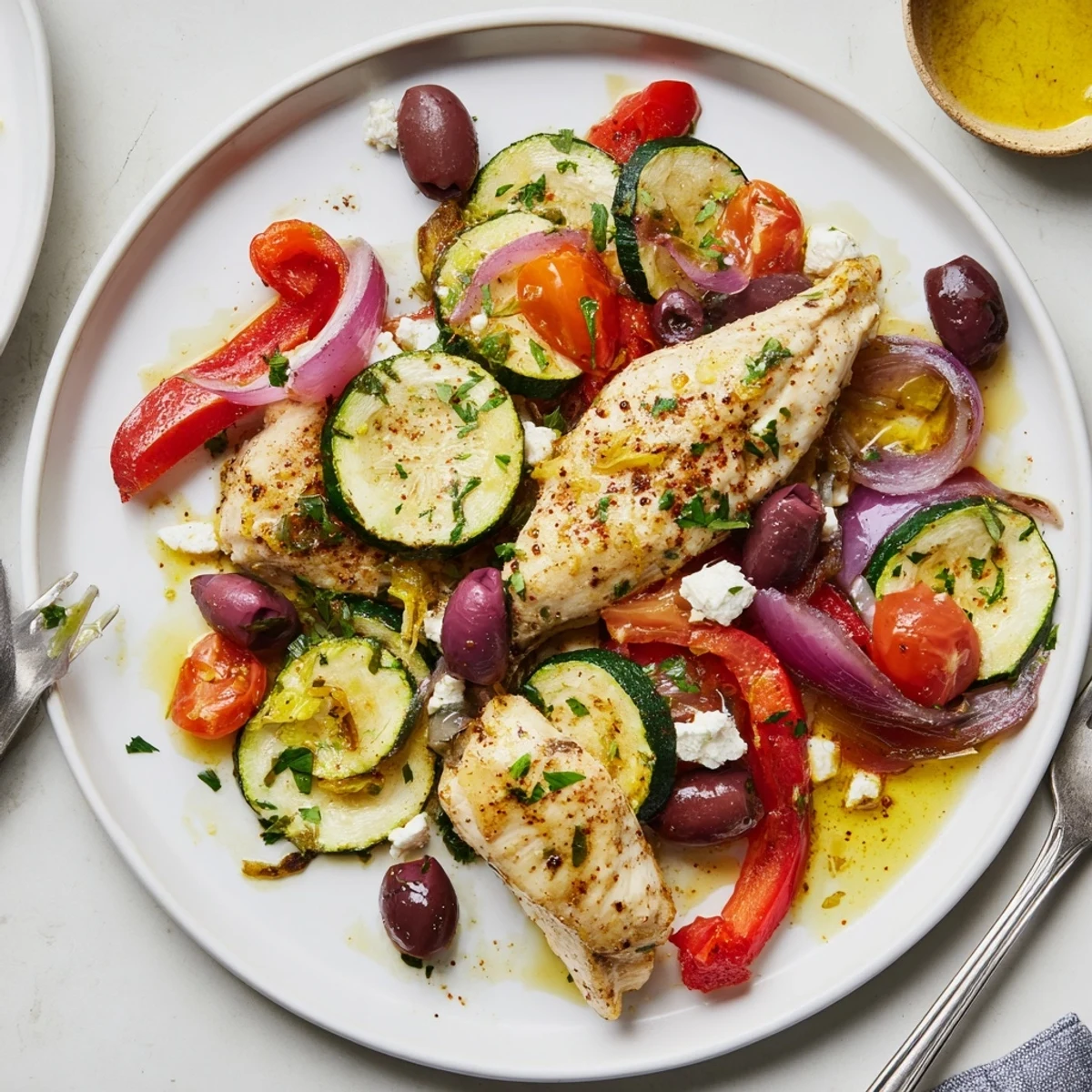 Family-style Sheet Pan Mediterranean Chicken Zucchini with lemony garlic juices and chopped parsley