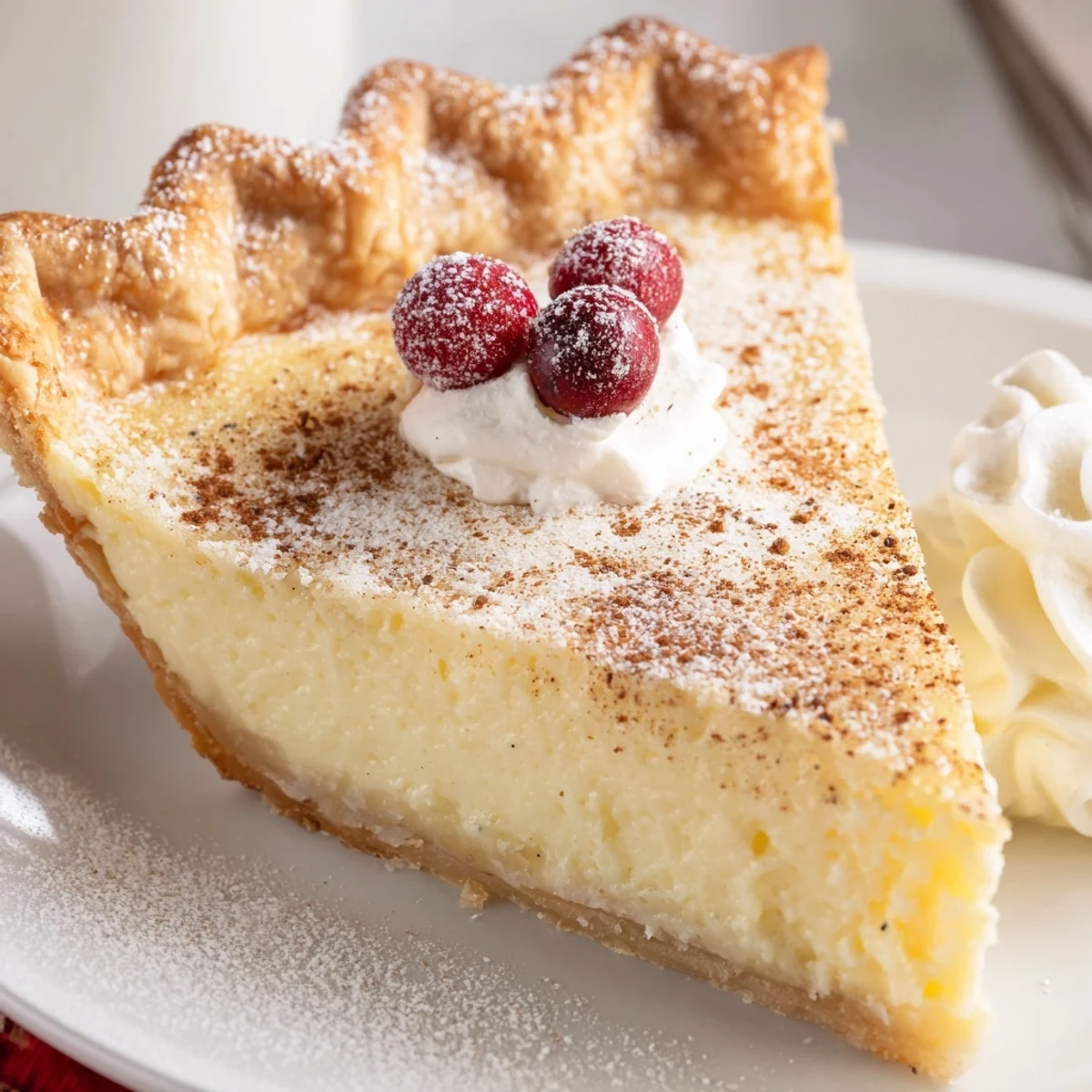 Warm Christmas Eve Custard Pie With Cinnamon Vanilla, silky filling and golden crust