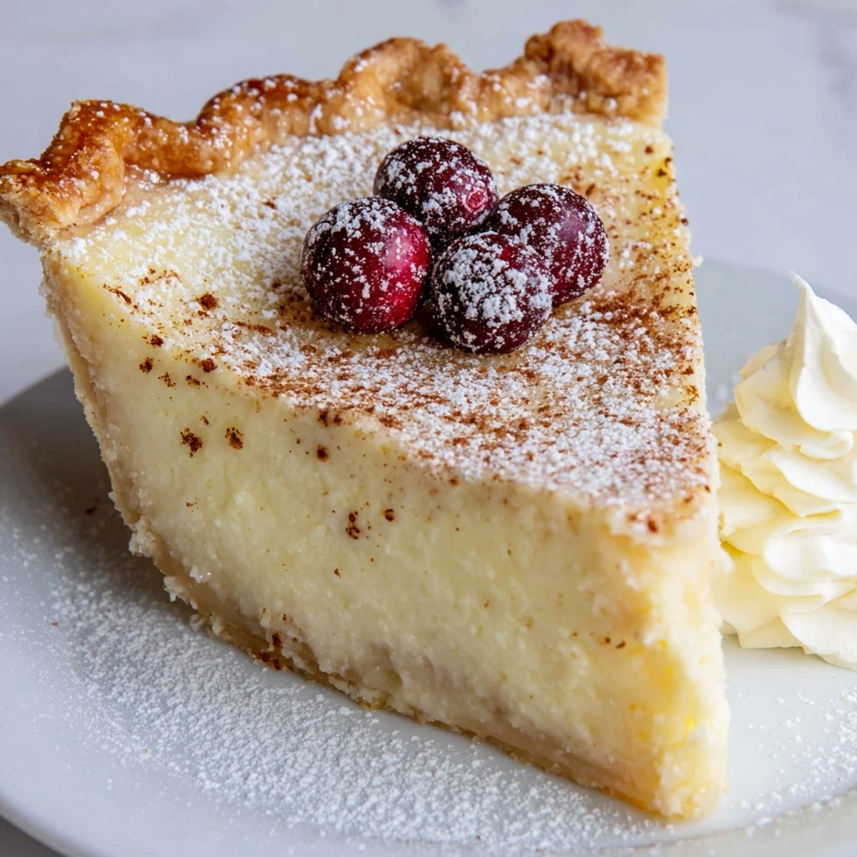 Sliced Christmas Eve Custard Pie With Cinnamon Vanilla, dusted with powdered sugar