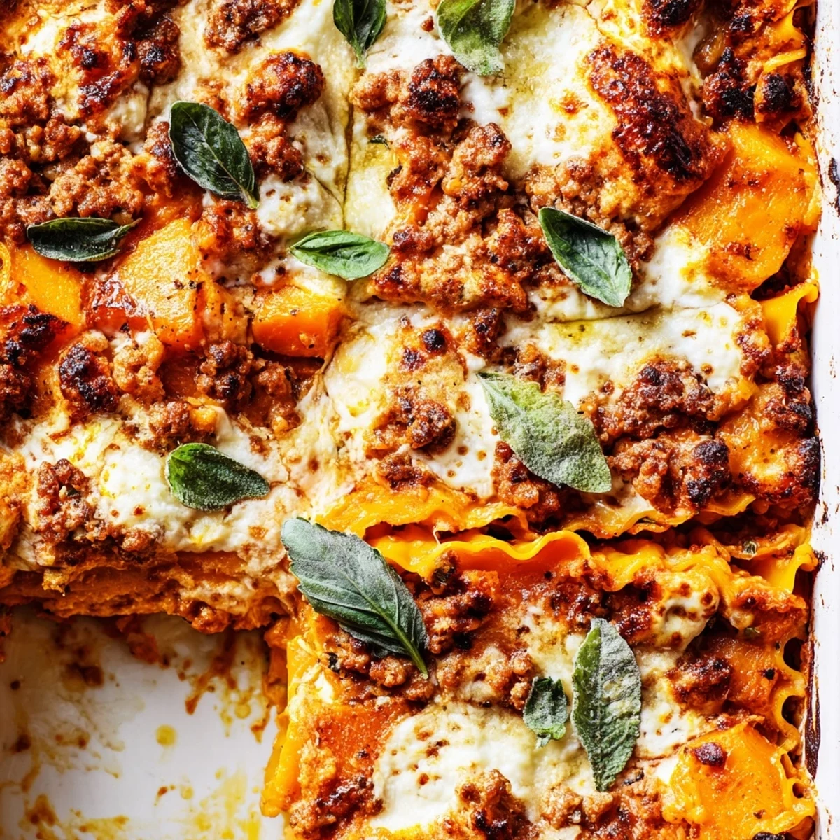 Golden butternut squash sausage lasagna with bubbling mozzarella and layered tomato sauce