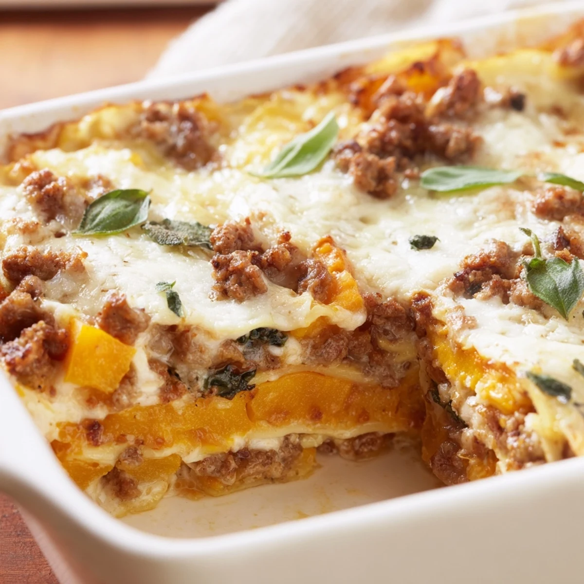 Hearty butternut squash sausage lasagna slice showing roasted squash and Italian sausage layers