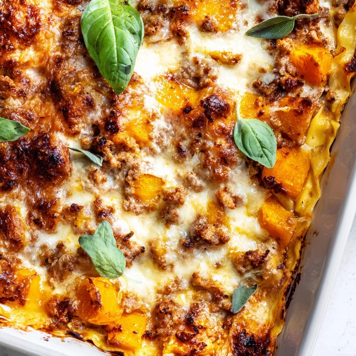 Steaming butternut squash sausage lasagna topped with melted Parmesan and fresh basil garnish