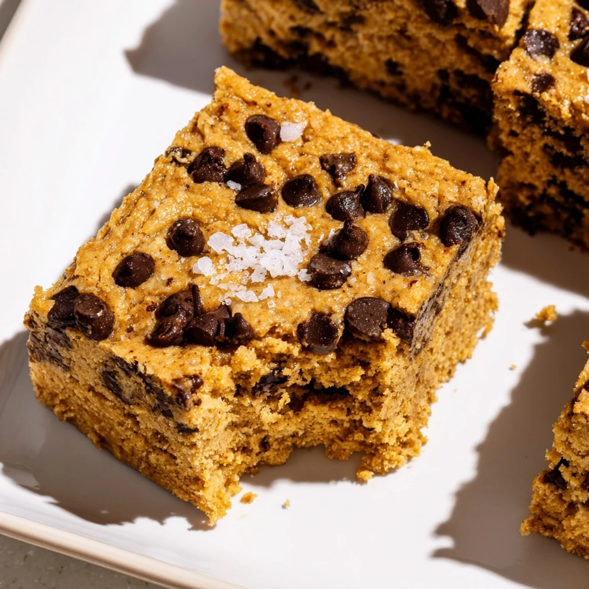 Golden flourless peanut butter banana bars topped with melted dark chocolate chips on a rustic wooden board