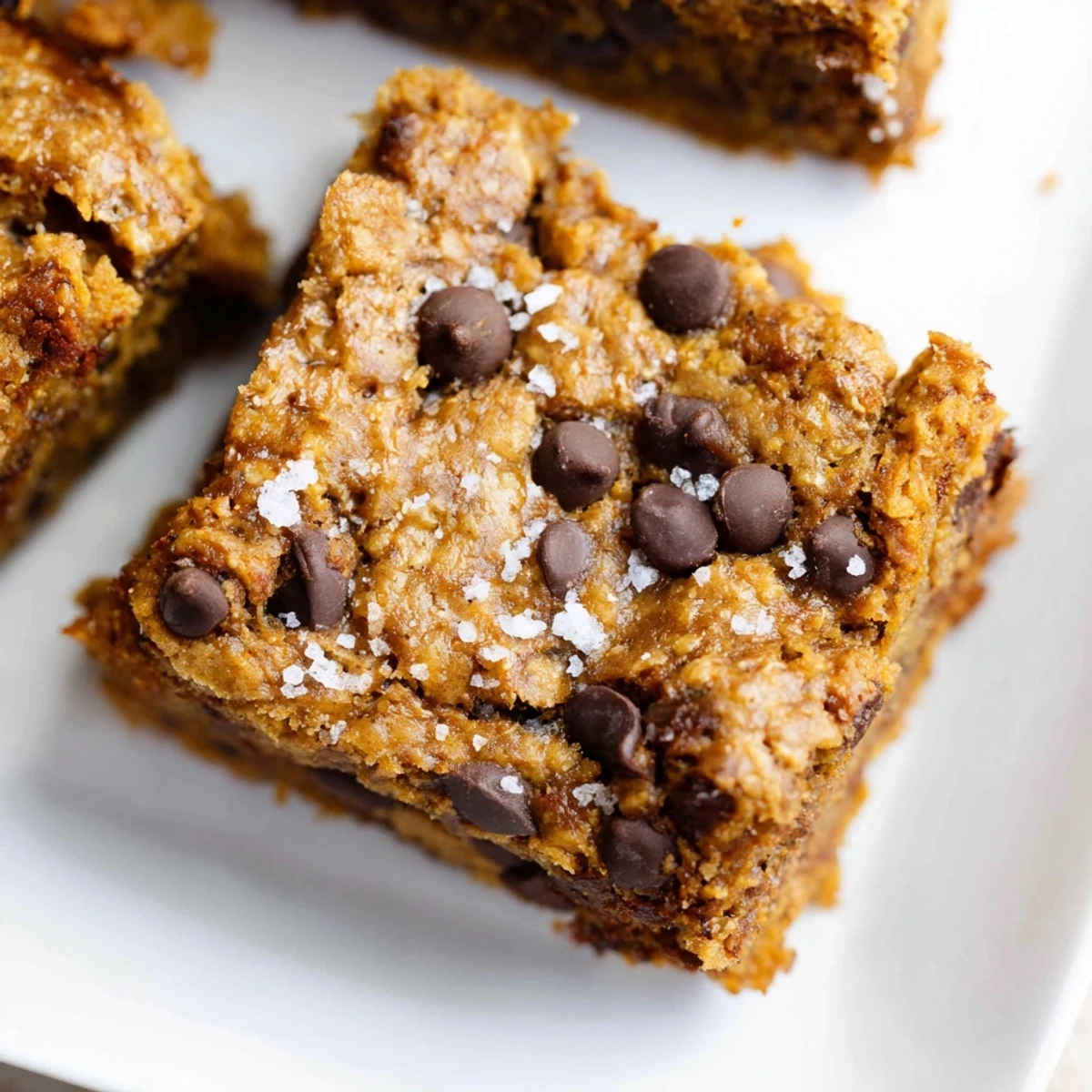 Sliced flourless peanut butter banana treats arranged on a white plate showcasing their creamy crumb and chocolate bits