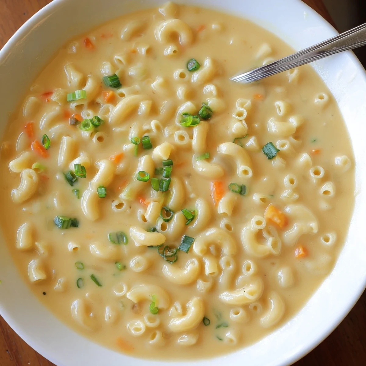 Steamy homemade mac and cheese soup garnished with fresh green chives on a rustic table