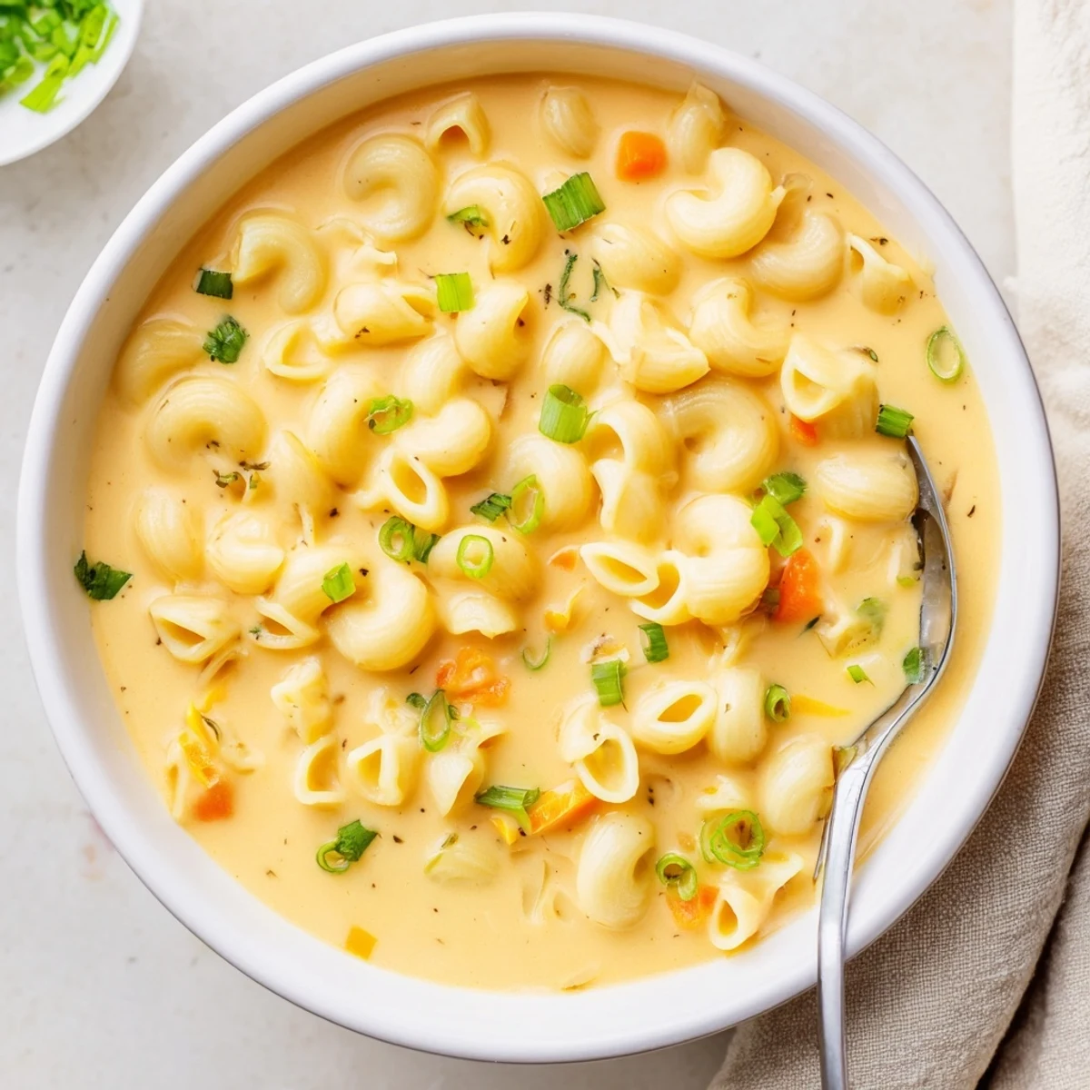 Rich and velvety mac and cheese soup bubbling in a pot with crispy bacon topping