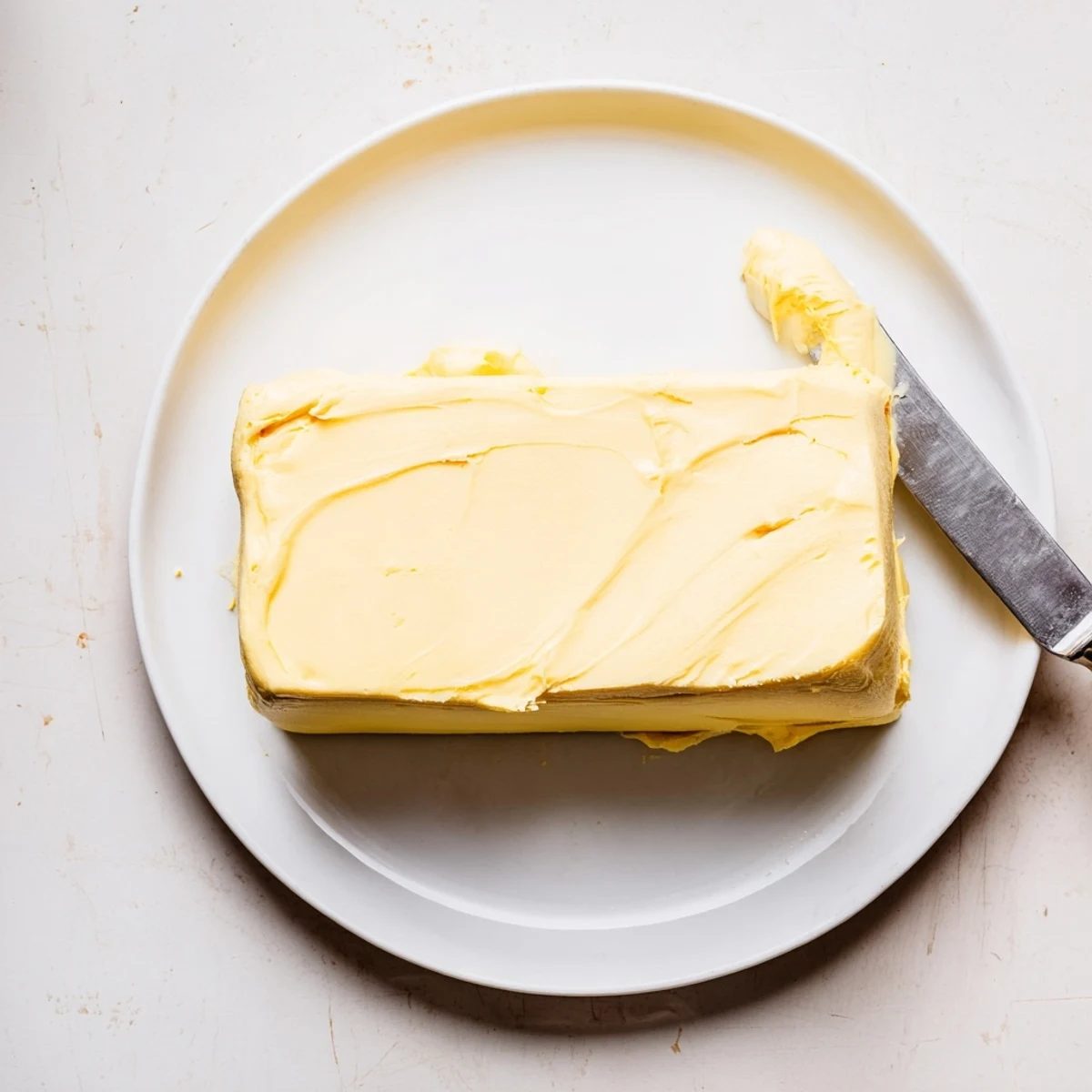 Golden homemade vegan dairy free butter spread thickly on toasted artisan bread with knife resting nearby