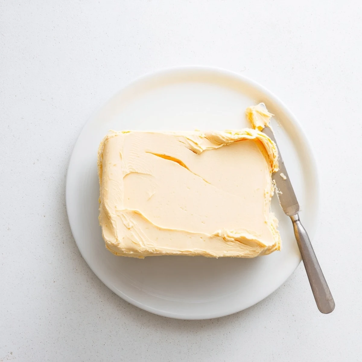 Smooth plant-based vegan dairy free butter melting over warm pancakes with drizzled maple syrup on top