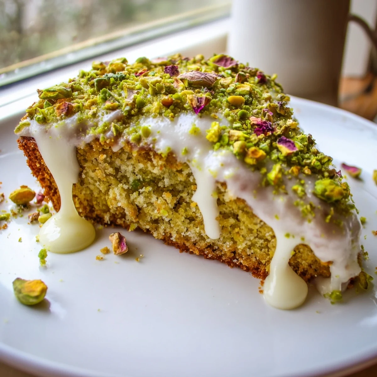 Golden Persian Love Cake Almond slice drizzled with rosewater icing and crushed pistachios