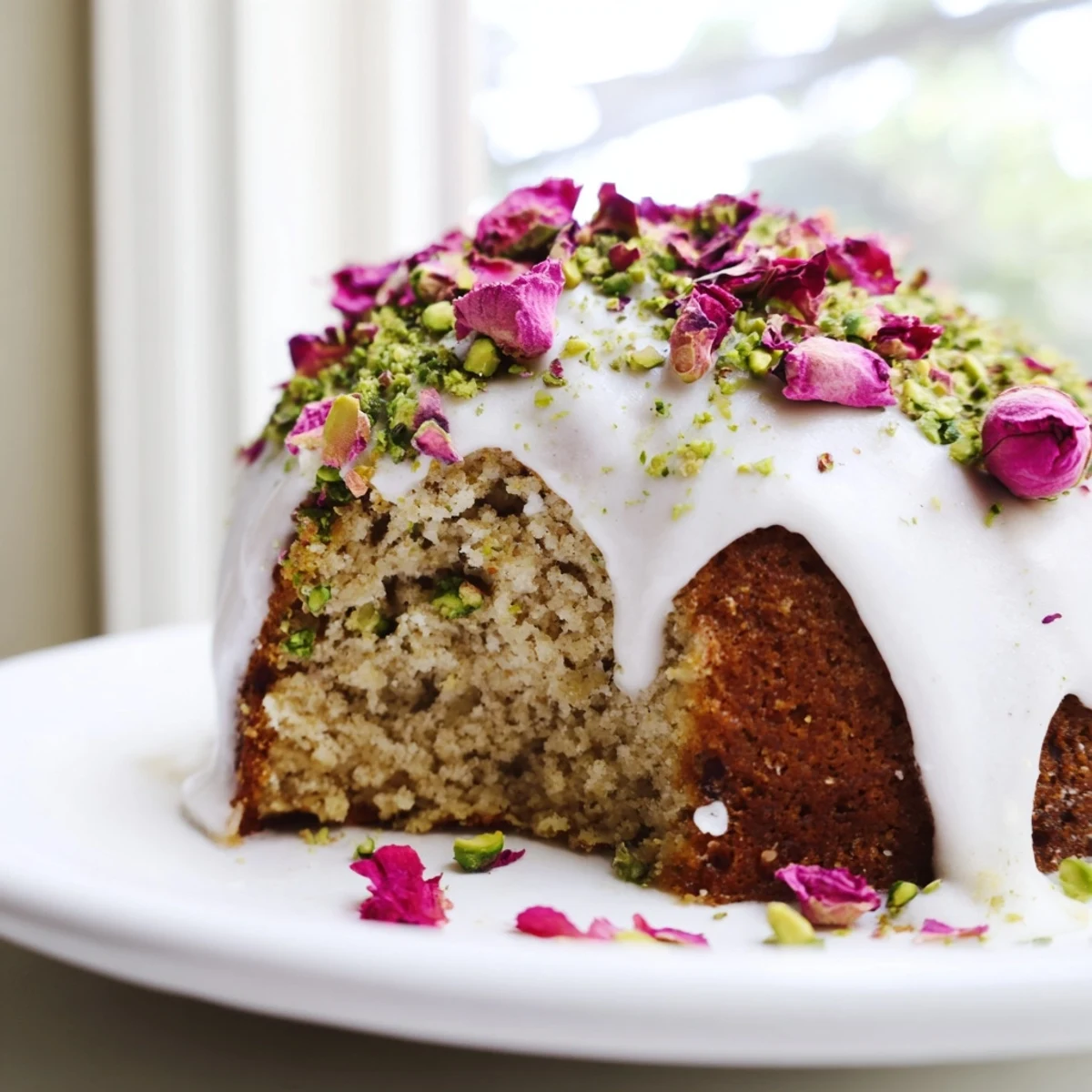 Fragrant almond cake topped with white rosewater glaze and green pistachio sprinkles