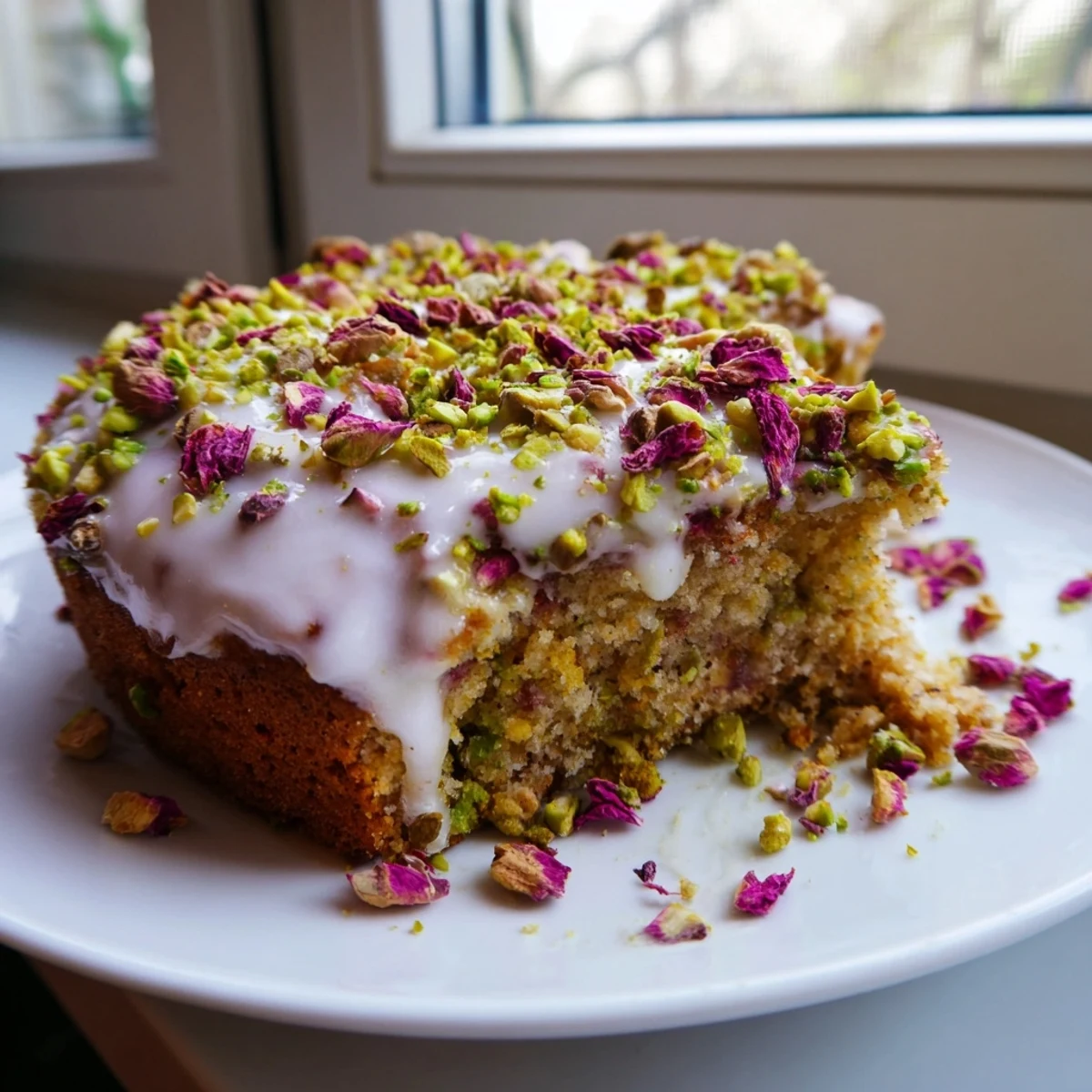 Moist cardamom-spiced Persian Love Cake Almond with rose petals and nutty garnish