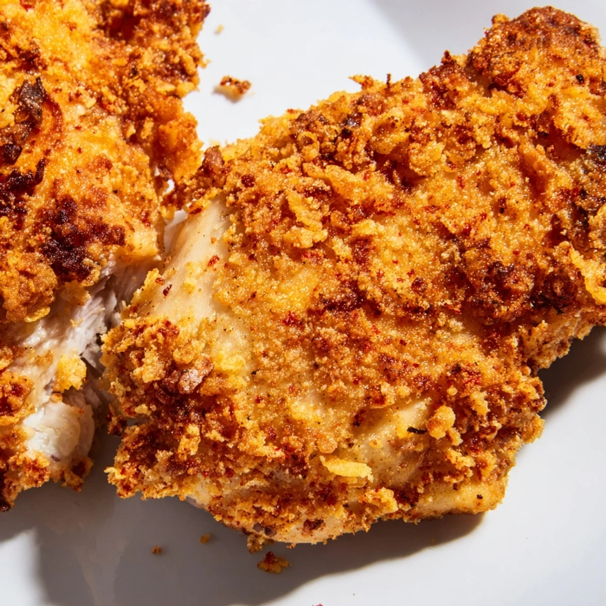 Close-up of crunchy breaded pickle marinated chicken pieces with fresh herbs on white plate